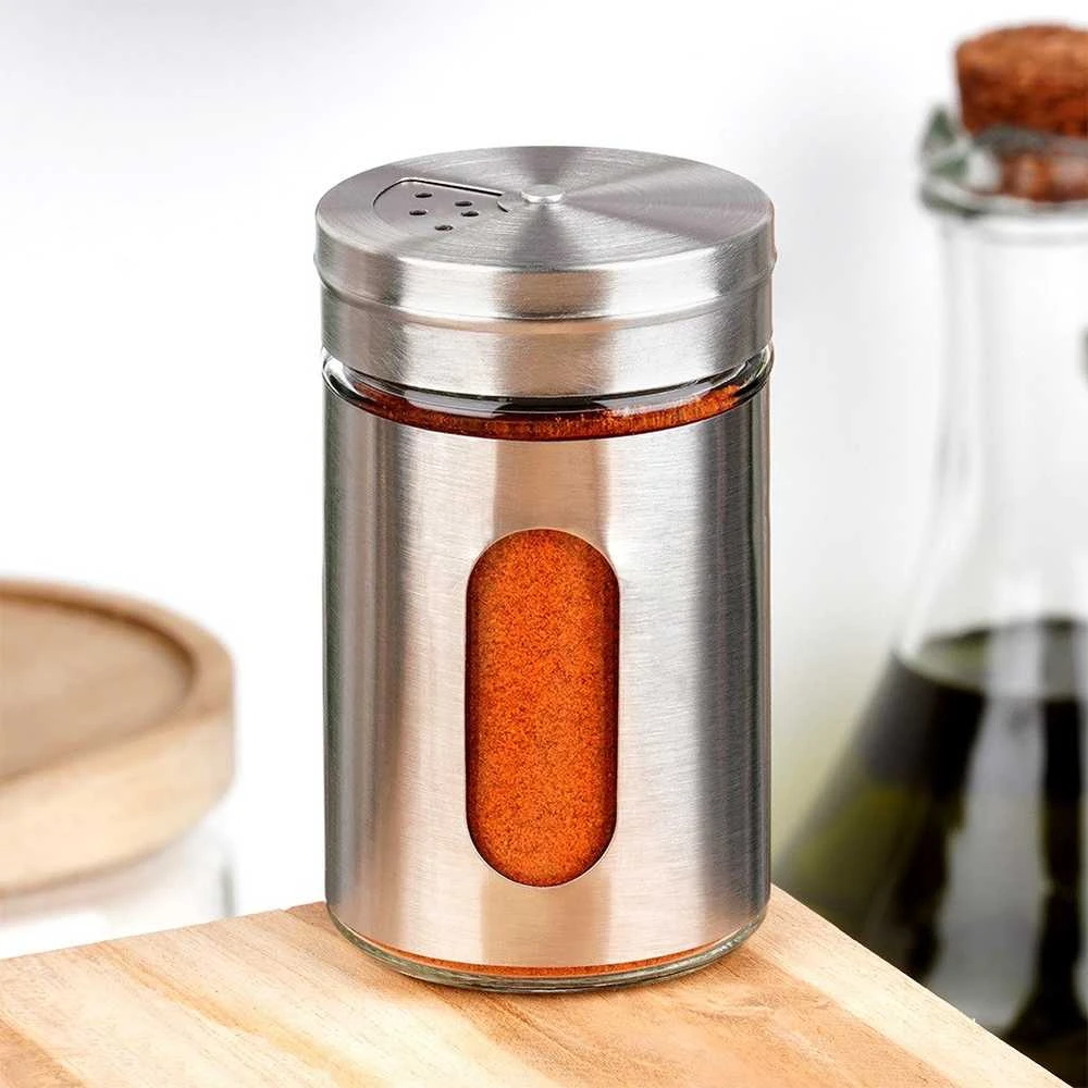 Excellent Houseware Praktinė Prieskonių Dėžutė Stiklinė 100 ml - Prieskonių Barstytuvė - Stiklinė Talpa - Su Daugiasluoksniais Dozavimo Angomis