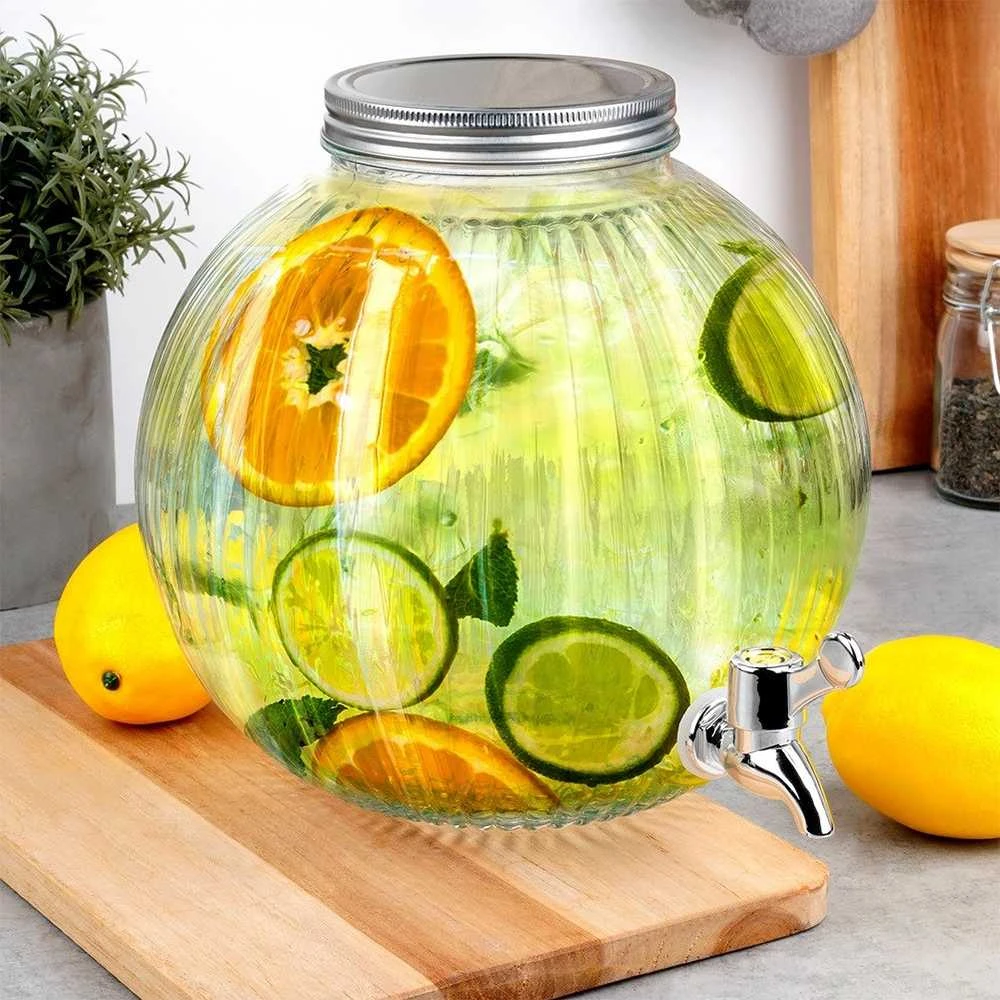 Excellent Houseware Kraantje Gėrimų Dozatorius 5,5 l su Kranu - Stiklinis, Su Metaliniu Dangčiu