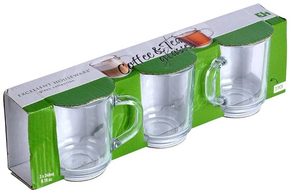 Excellent Houseware Praktinės stiklinės gėrimams su rankena, 230 ml, 3 vnt.