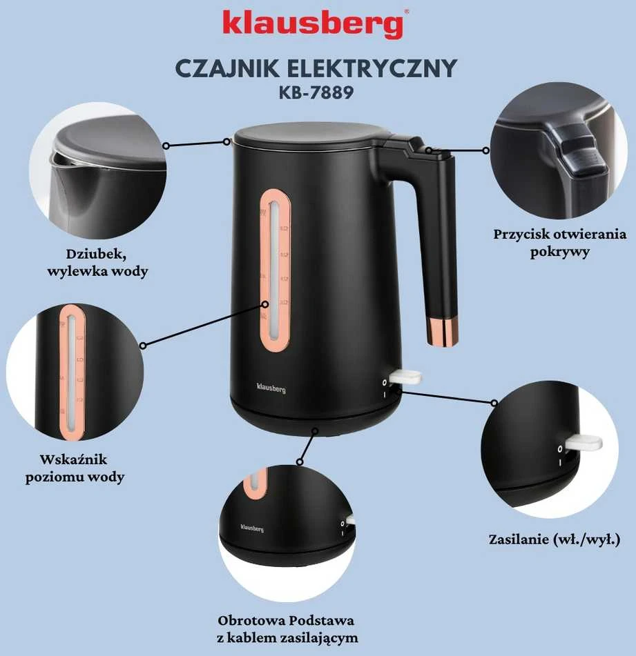 Virdulys, Elektrinis virdulys, juodas/rožinio aukso spalvos, 1,7 l, klausberg, KB-7889