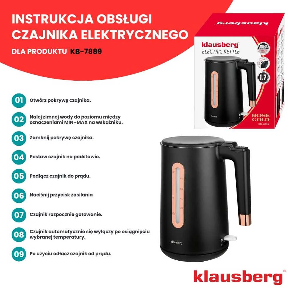 Virdulys, Elektrinis virdulys, juodas/rožinio aukso spalvos, 1,7 l, klausberg, KB-7889