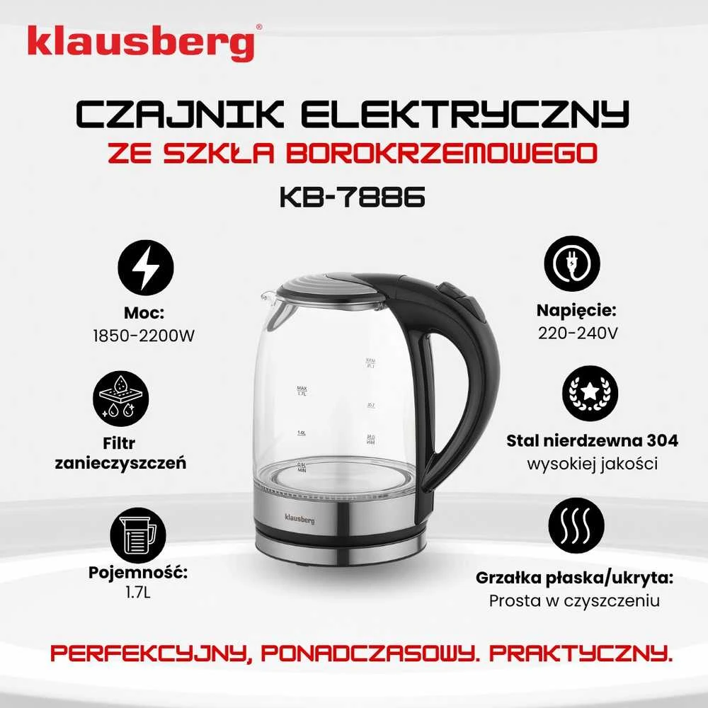 Virdulys, Elektrinis virdulys, stiklinis, su LED, 1,7 l, Klausberg, kb-7886