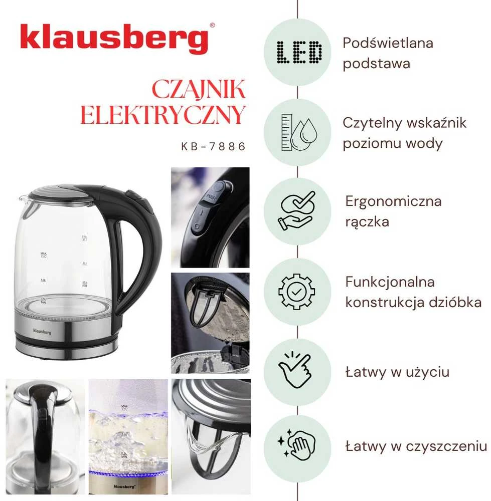 Virdulys, Elektrinis virdulys, stiklinis, su LED, 1,7 l, Klausberg, kb-7886