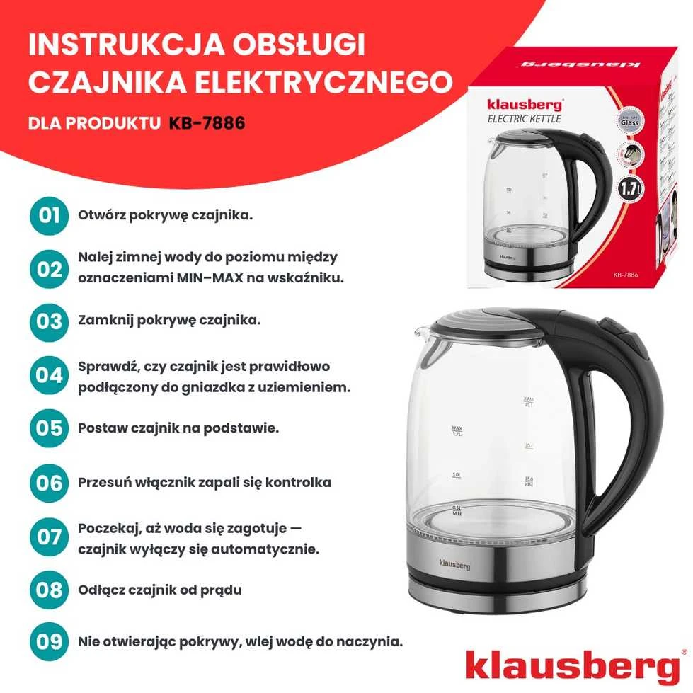Virdulys, Elektrinis virdulys, stiklinis, su LED, 1,7 l, Klausberg, kb-7886