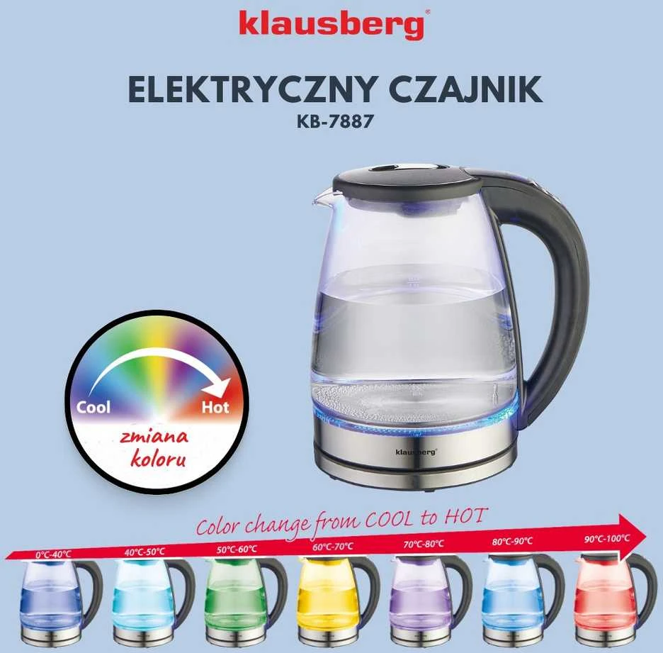 Virdulys, Elektrinis virdulys, stiklinis, su LED, 1,8 l, Klausberg, kb-7887