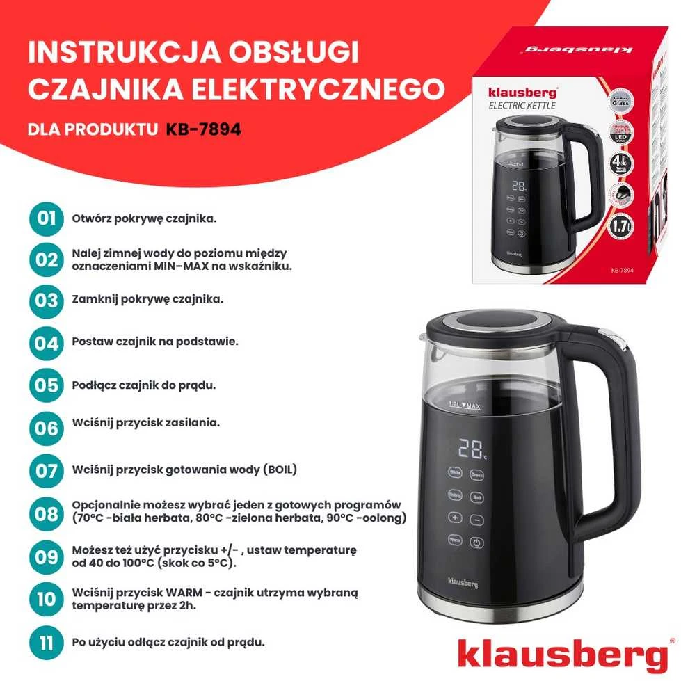 Virdulys, Elektrinis virdulys, stiklinis, juodas, LED panelė, 1 l, Klausberg, kb-7894