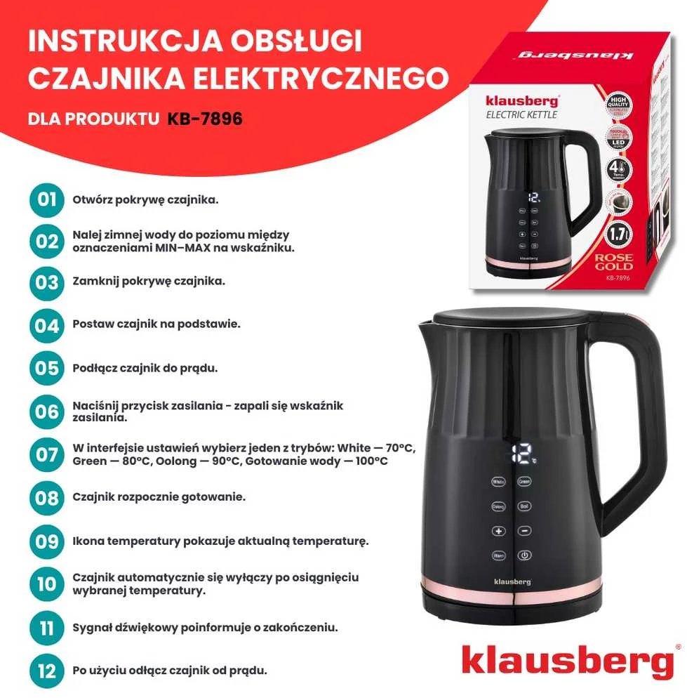 Virdulys, Elektrinis virdulys, su LED ekranu, 1,7 l, Klausberg, kb-7896