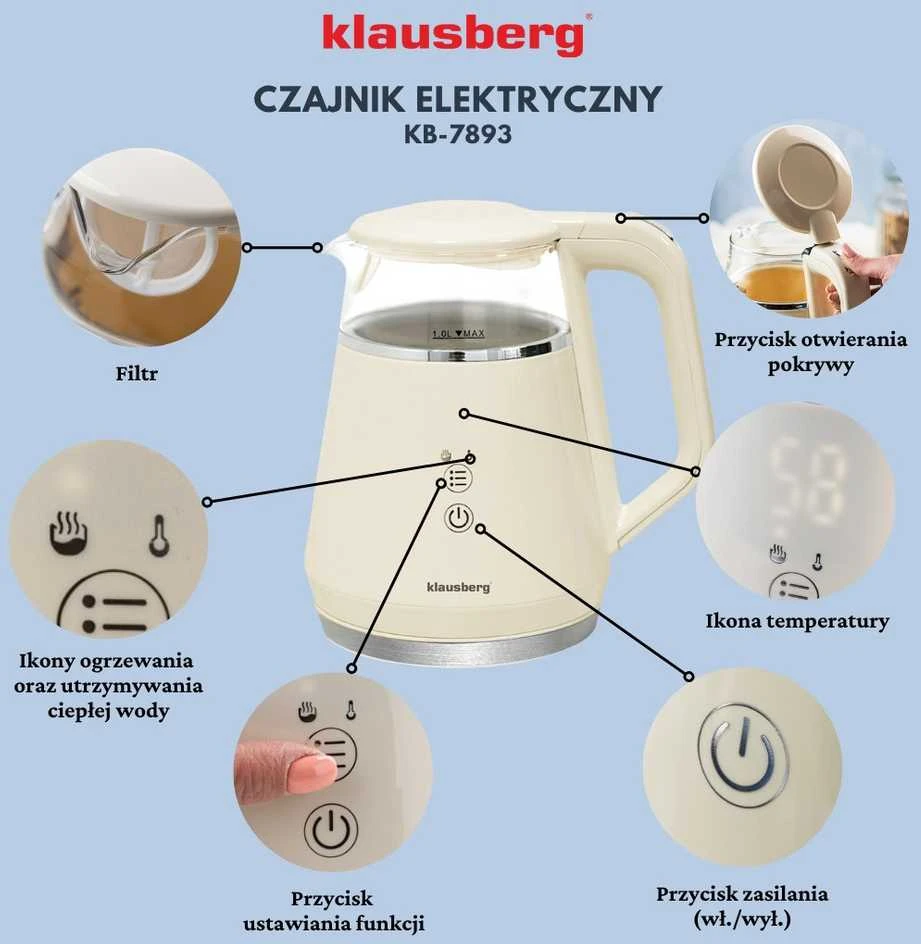 Virdulys, Elektrinis virdulys, stiklinis, LED panelė, 1 l, Klausberg, kb-7893