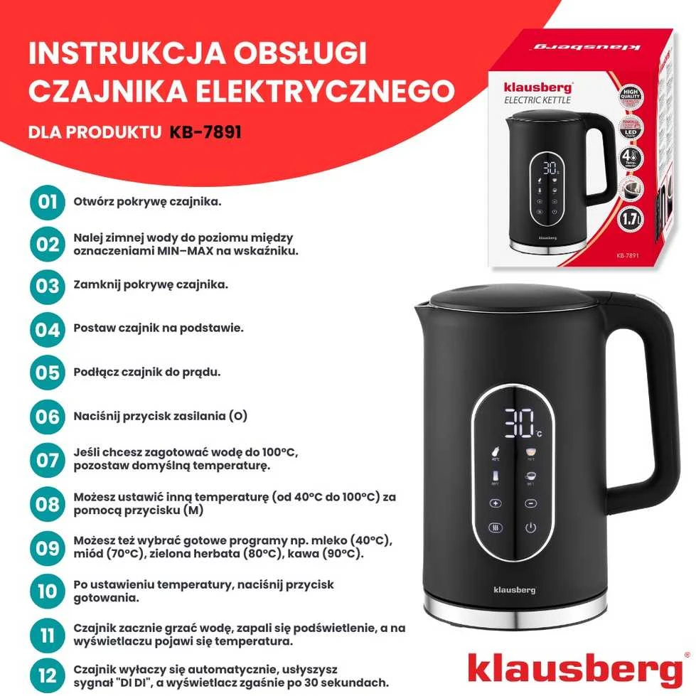 Virdulys, Elektrinis virdulys, juodas, su LED skydeliu, 1,7 l, Klausberg, kb-7891