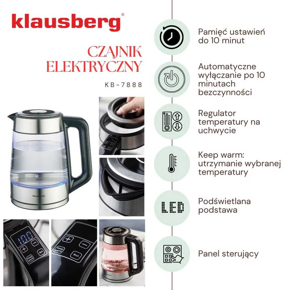 Virdulys, Elektrinis virdulys, stiklinis, su LED, 1,7 l, Klausberg, kb-7888
