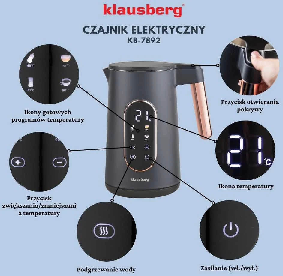 Virdulys, Elektrinis virdulys, juodas/rožinio aukso spalvos, Klausberg, kb-7892