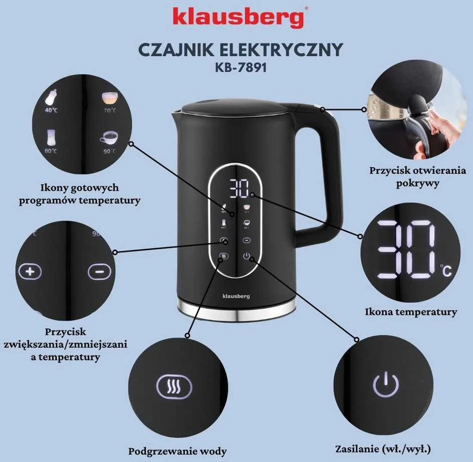 Virdulys, Elektrinis virdulys, juodas, su LED skydeliu, 1,7 l, Klausberg, kb-7891