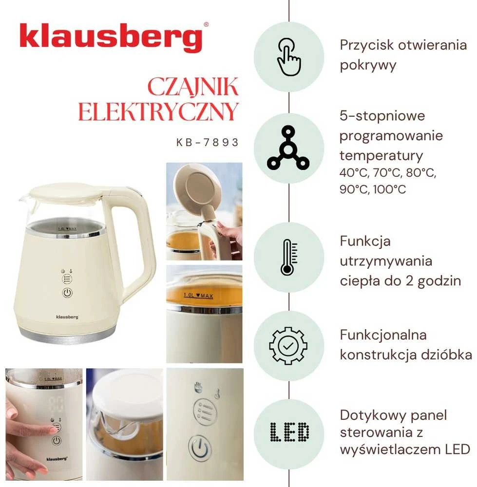 Virdulys, Elektrinis virdulys, stiklinis, LED panelė, 1 l, Klausberg, kb-7893