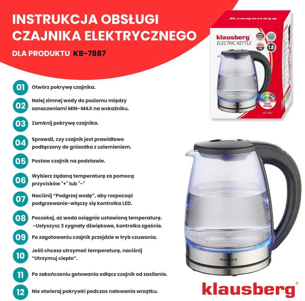 Virdulys, Elektrinis virdulys, stiklinis, su LED, 1,8 l, Klausberg, kb-7887