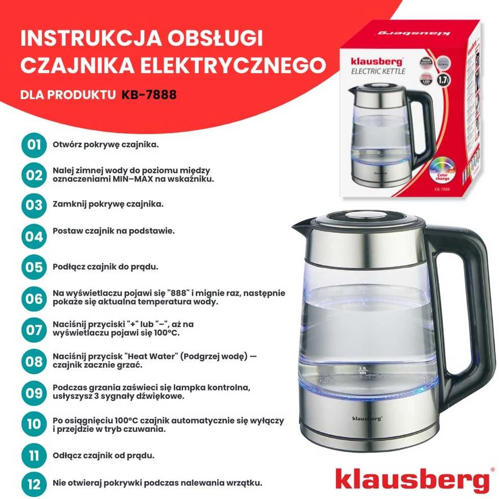 Virdulys, Elektrinis virdulys, stiklinis, su LED, 1,7 l, Klausberg, kb-7888