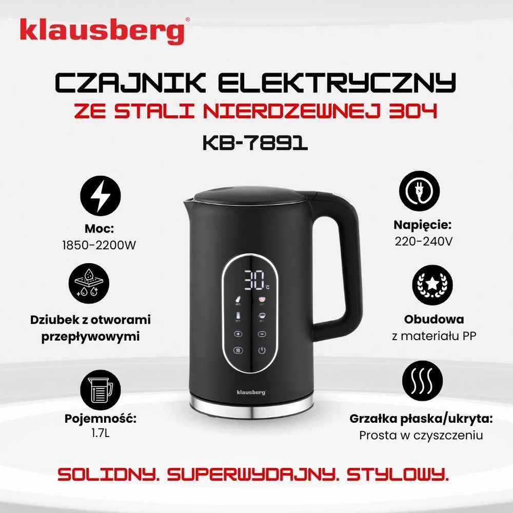 Virdulys, Elektrinis virdulys, juodas, su LED skydeliu, 1,7 l, Klausberg, kb-7891
