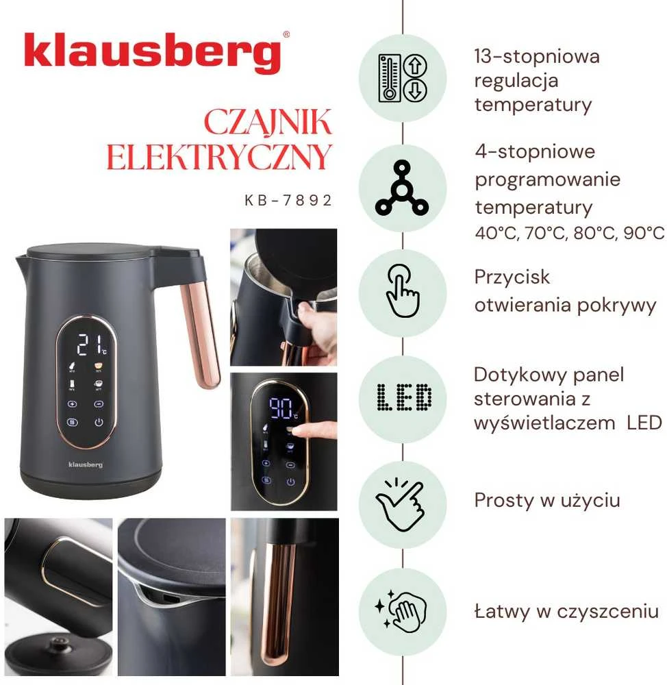 Virdulys, Elektrinis virdulys, juodas/rožinio aukso spalvos, Klausberg, kb-7892