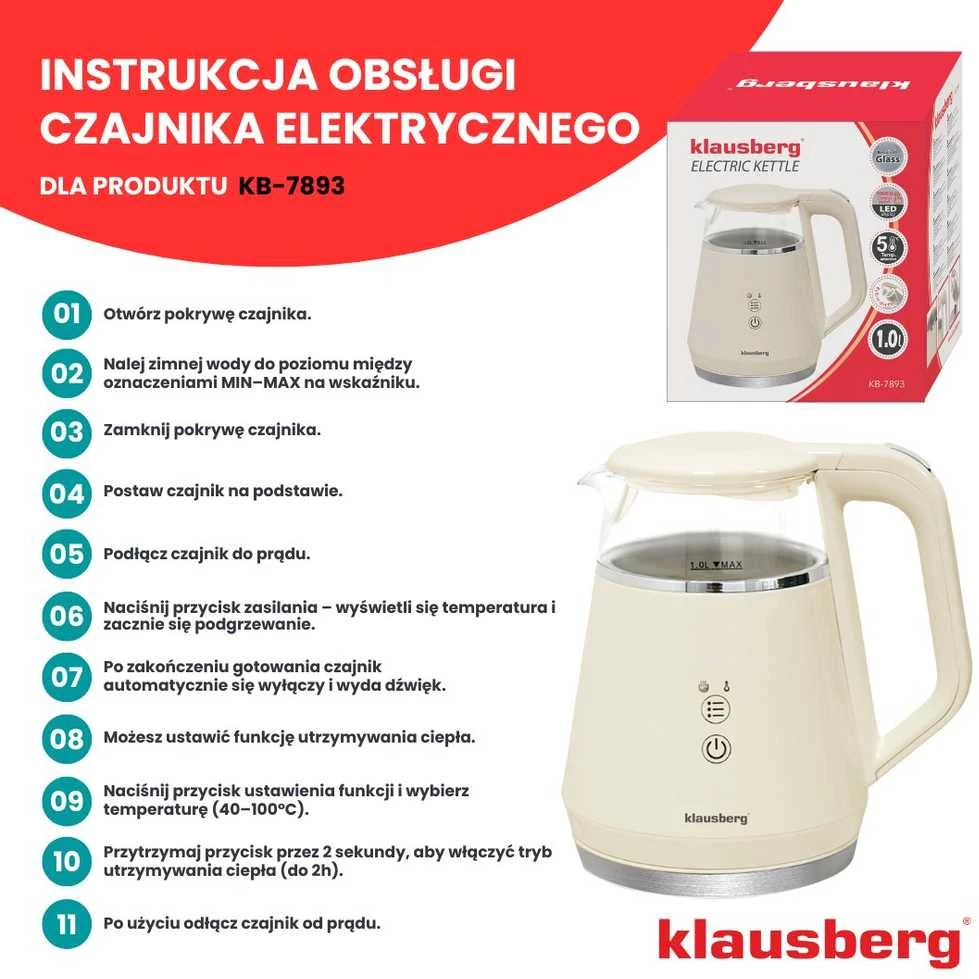 Virdulys, Elektrinis virdulys, stiklinis, LED panelė, 1 l, Klausberg, kb-7893