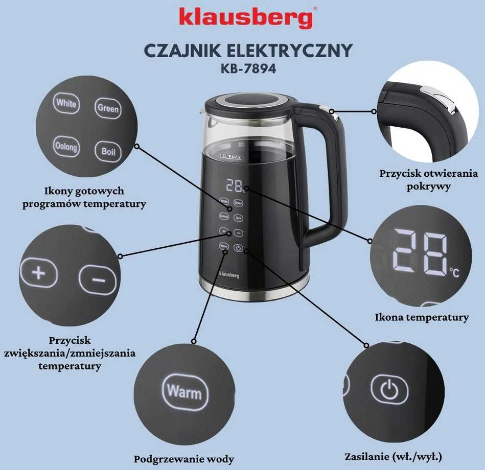 Virdulys, Elektrinis virdulys, stiklinis, juodas, LED panelė, 1 l, Klausberg, kb-7894