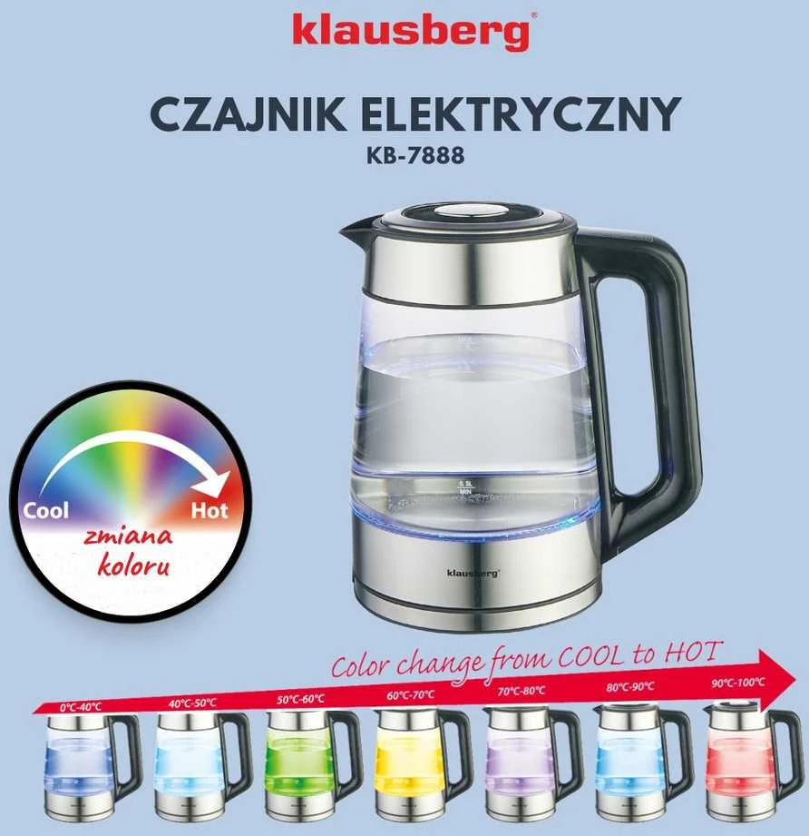 Virdulys, Elektrinis virdulys, stiklinis, su LED, 1,7 l, Klausberg, kb-7888