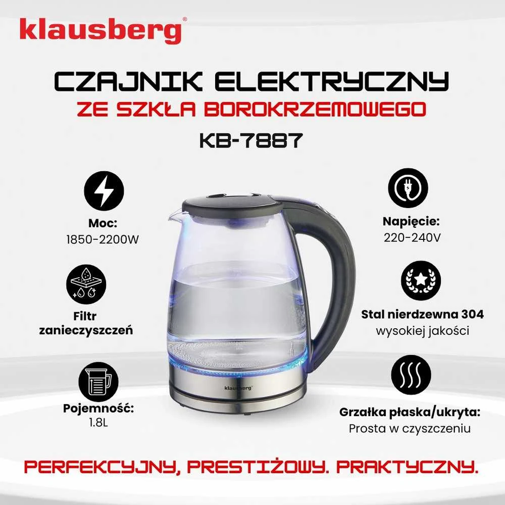 Virdulys, Elektrinis virdulys, stiklinis, su LED, 1,8 l, Klausberg, kb-7887