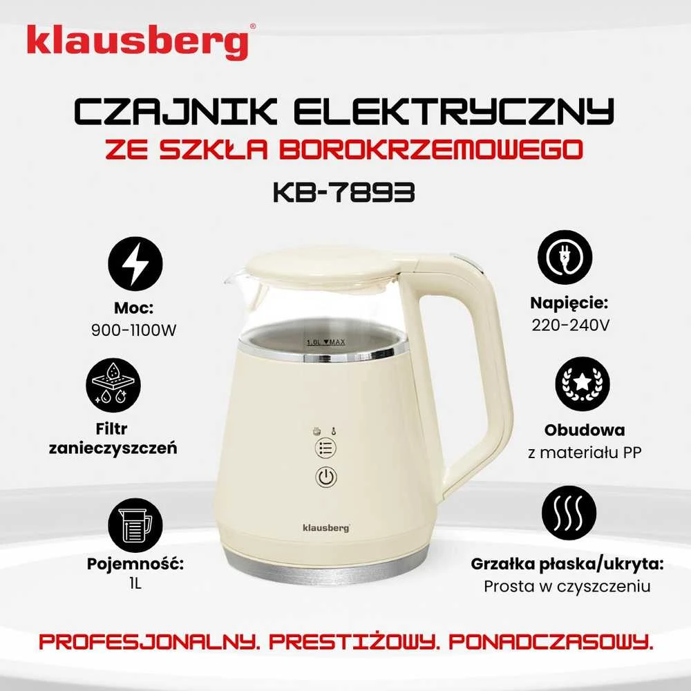 Virdulys, Elektrinis virdulys, stiklinis, LED panelė, 1 l, Klausberg, kb-7893