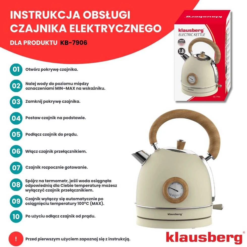 Virdulys, Elektrinis virdulys su termometru, nerūdijančio plieno, kreminės spalvos su mediena, 1,8 l, 1850–2200 W, klausberg, kb-7906