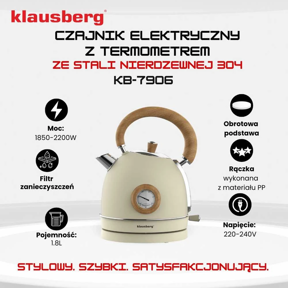 Virdulys, Elektrinis virdulys su termometru, nerūdijančio plieno, kreminės spalvos su mediena, 1,8 l, 1850–2200 W, klausberg, kb-7906
