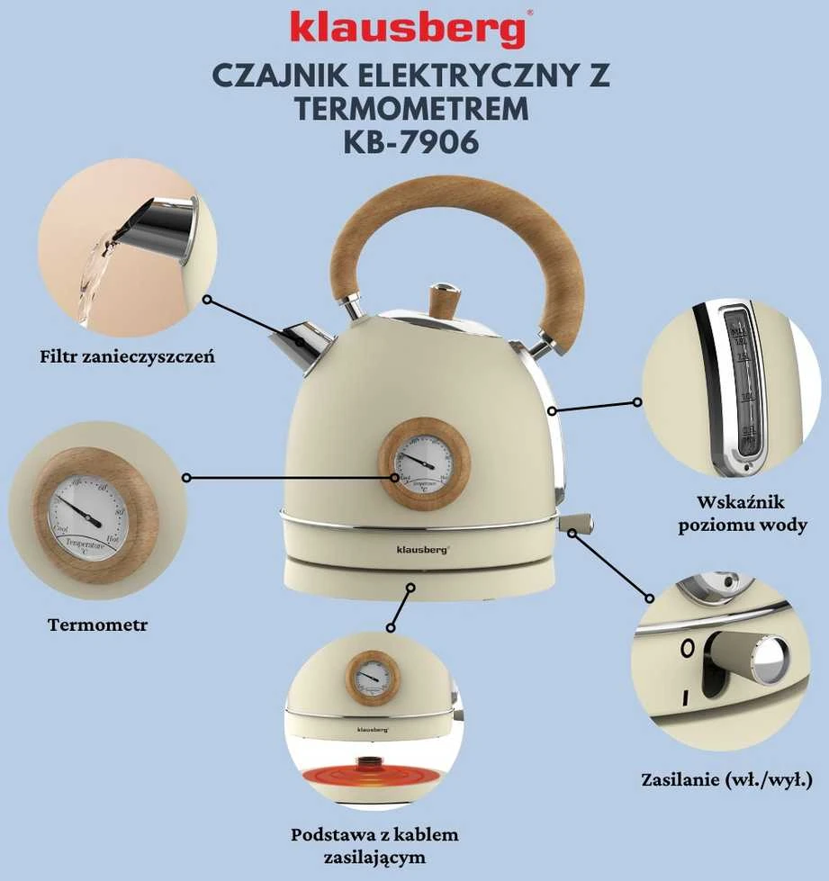 Virdulys, Elektrinis virdulys su termometru, nerūdijančio plieno, kreminės spalvos su mediena, 1,8 l, 1850–2200 W, klausberg, kb-7906