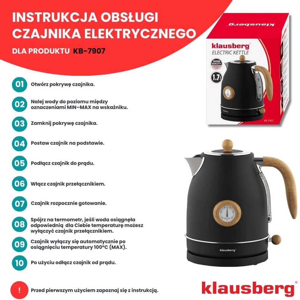 Virdulys, Elektrinis virdulys su termometru, nerūdijančio plieno, juodas su mediena, 1,7 l, 1850–2200 W, klausberg, kb-7907