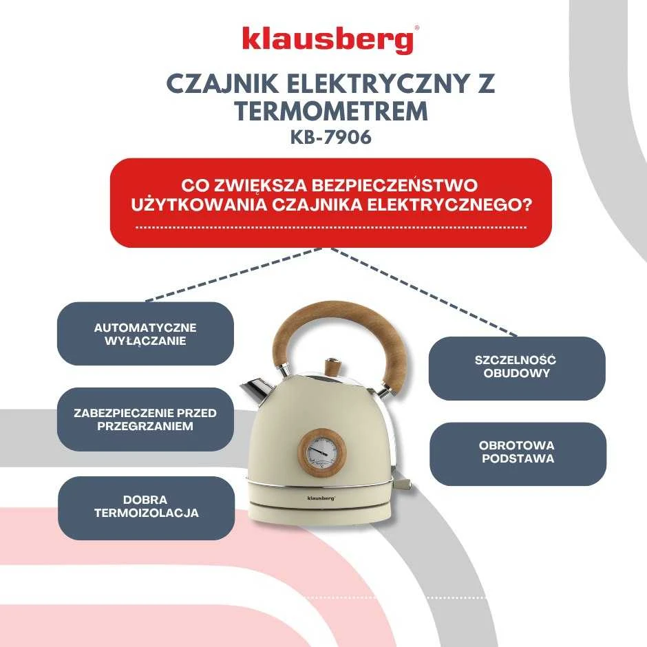 Virdulys, Elektrinis virdulys su termometru, nerūdijančio plieno, kreminės spalvos su mediena, 1,8 l, 1850–2200 W, klausberg, kb-7906
