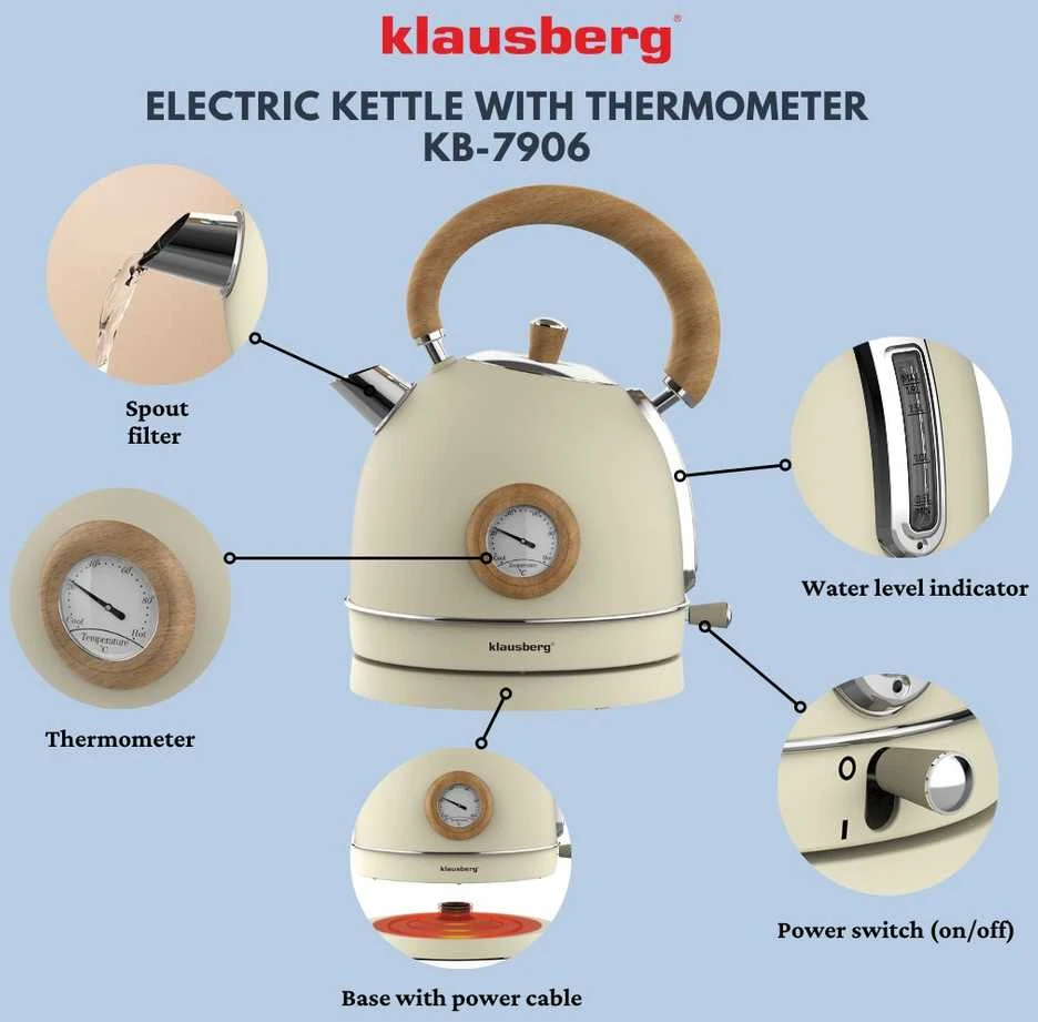 Virdulys, Elektrinis virdulys su termometru, nerūdijančio plieno, kreminės spalvos su mediena, 1,8 l, 1850–2200 W, klausberg, kb-7906