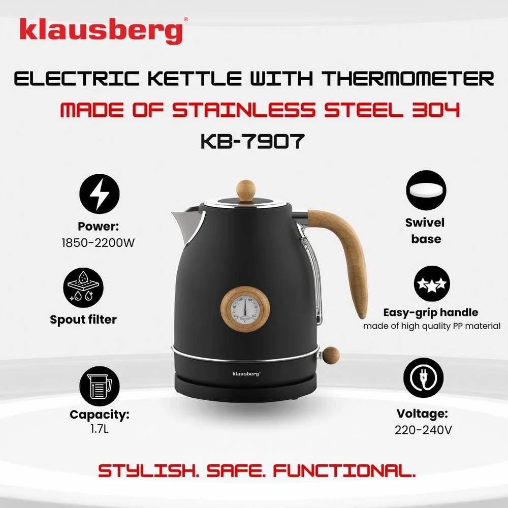 Virdulys, Elektrinis virdulys su termometru, nerūdijančio plieno, juodas su mediena, 1,7 l, 1850–2200 W, klausberg, kb-7907