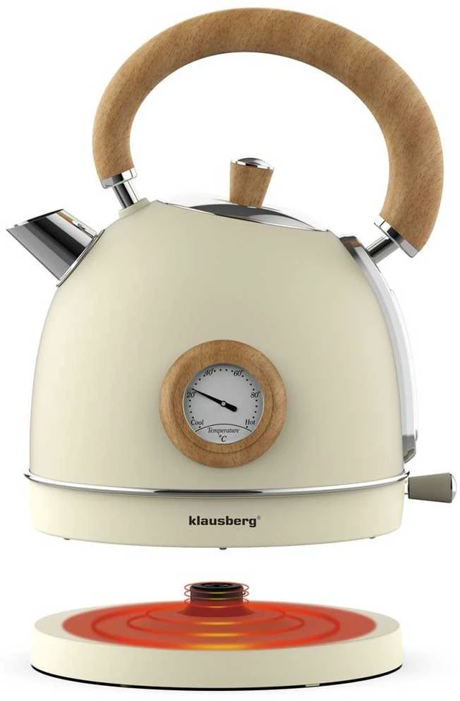 Virdulys, Elektrinis virdulys su termometru, nerūdijančio plieno, kreminės spalvos su mediena, 1,8 l, 1850–2200 W, klausberg, kb-7906