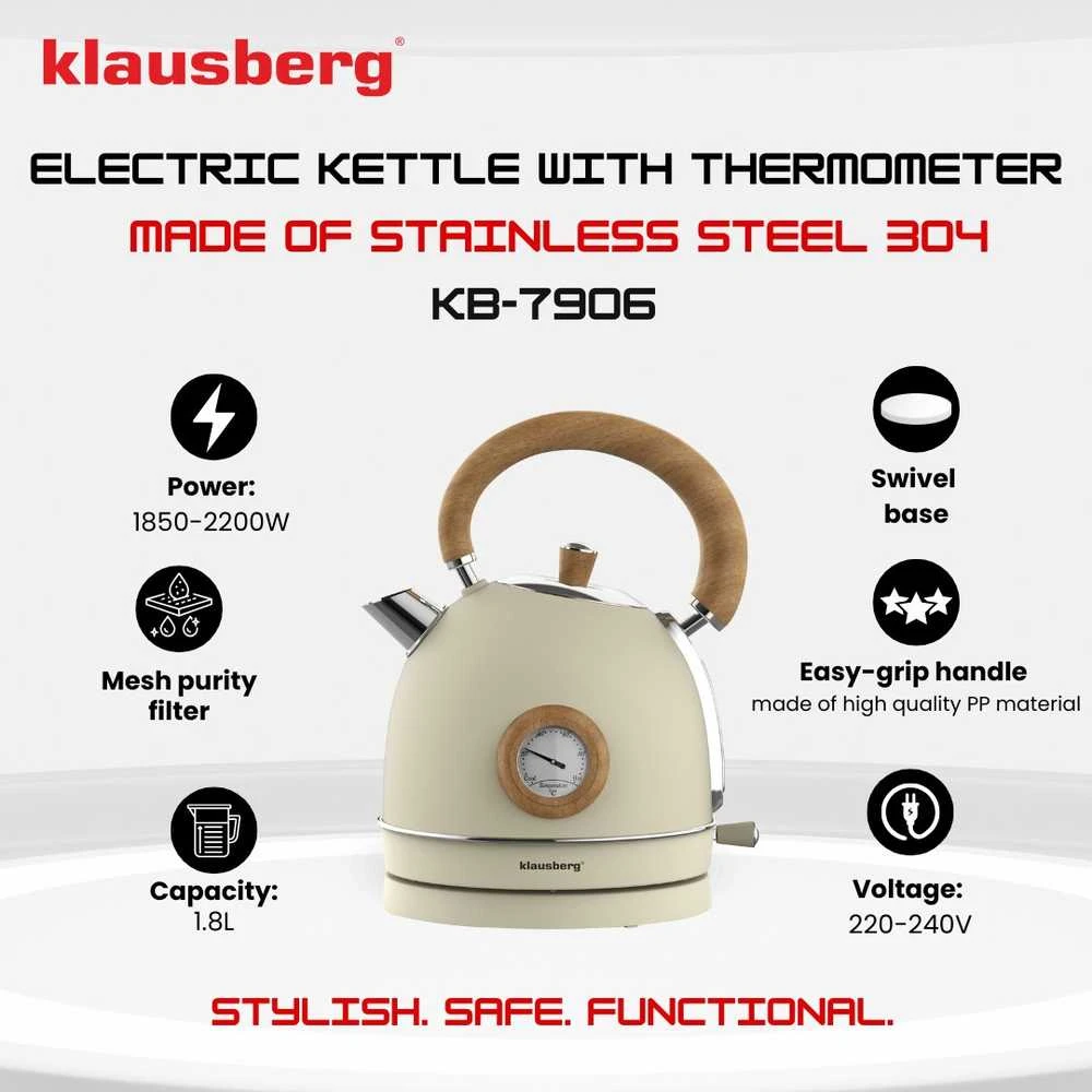 Virdulys, Elektrinis virdulys su termometru, nerūdijančio plieno, kreminės spalvos su mediena, 1,8 l, 1850–2200 W, klausberg, kb-7906
