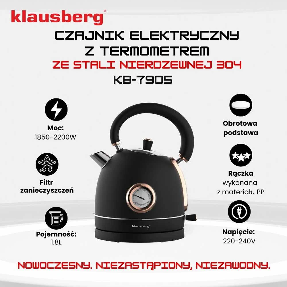 Virdulys, Elektrinis virdulys su termometru, nerūdijančio plieno, juodo/rožinio aukso spalvos, 1,8 l, 1850–2200 W, klausberg, kb-7905