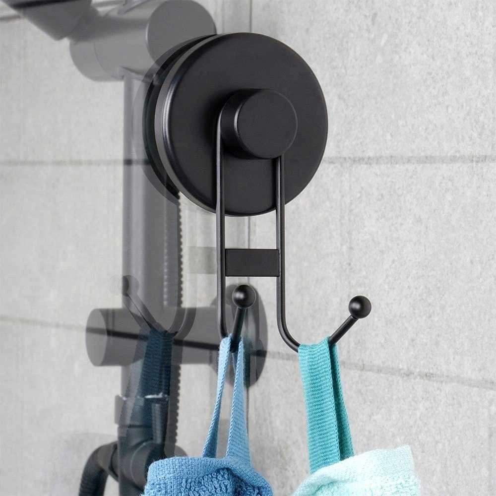 Bathroom Solutions Dvigubas Kabliukas Su Siurbtuku, Juodas, 6,5x5,5x10 cm