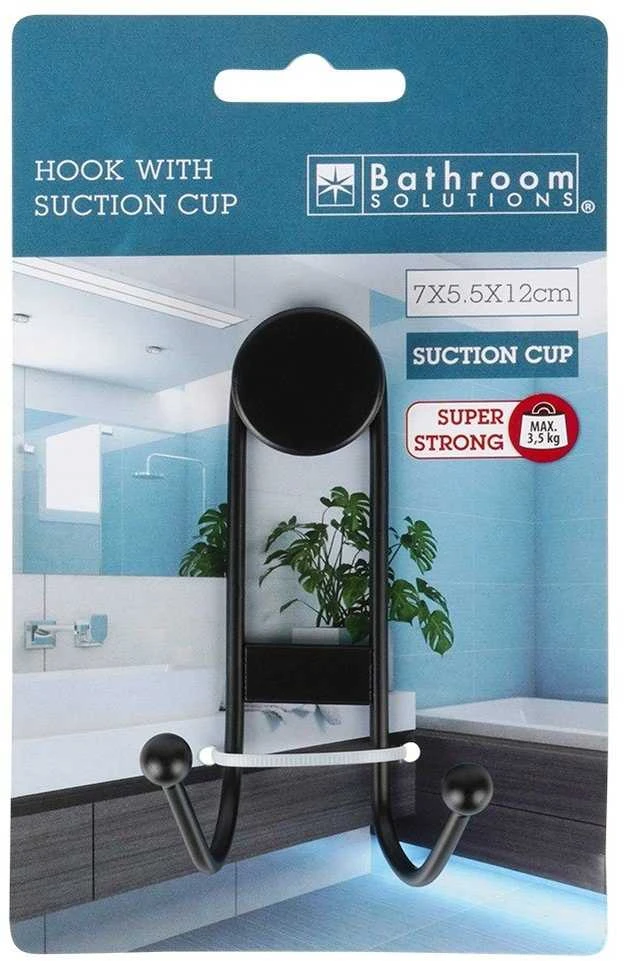 Bathroom Solutions Dvigubas Kabliukas Su Siurbtuku, Juodas, 6,5x5,5x10 cm