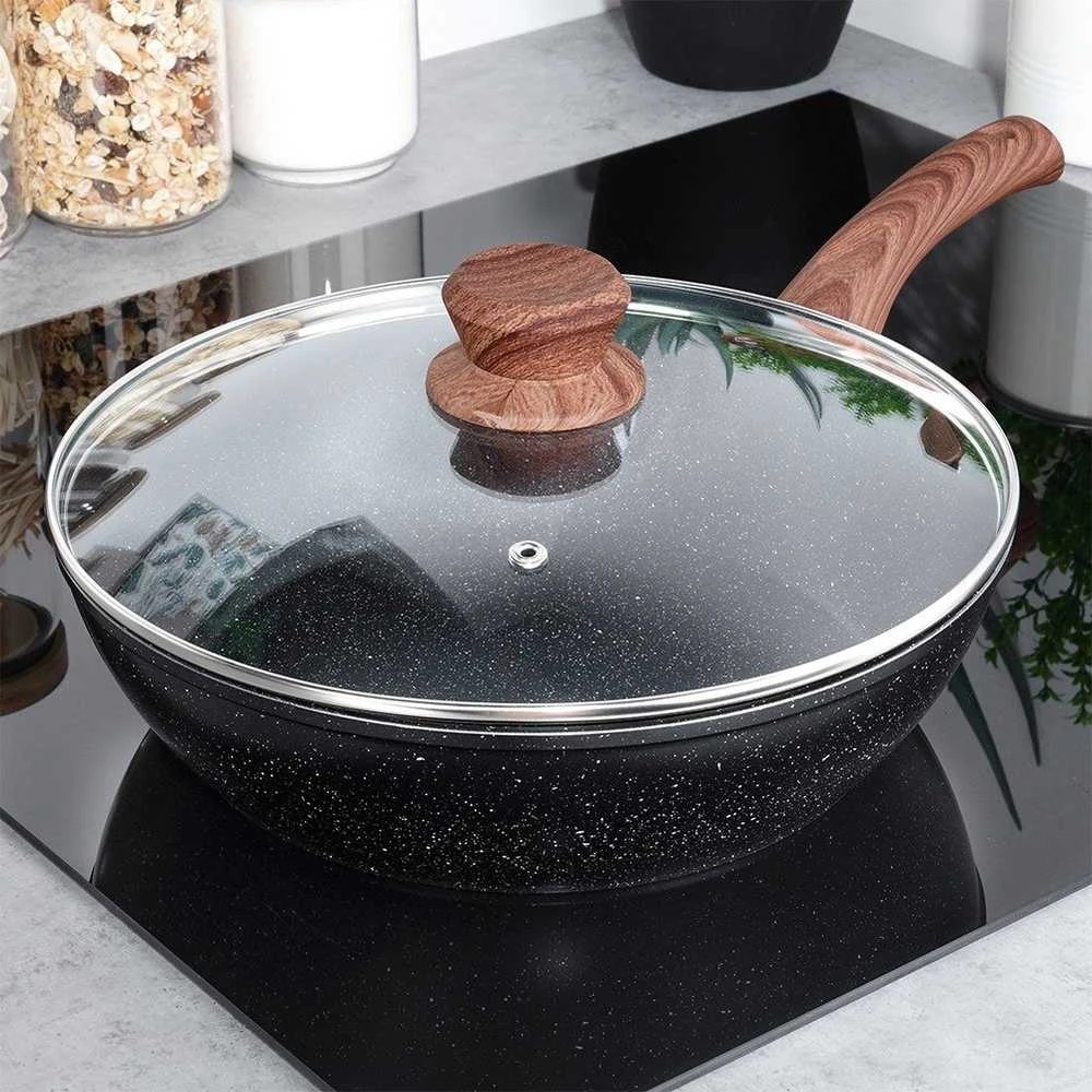 Aliumininė keptuvė su granitine danga ir stiklo dangčiu Vilde Juodas&amp;Wood 28 cm, 3,5 l