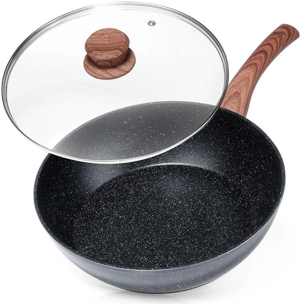 Aliumininė keptuvė su granitine danga ir stiklo dangčiu Vilde Juodas&amp;Wood 28 cm, 3,5 l