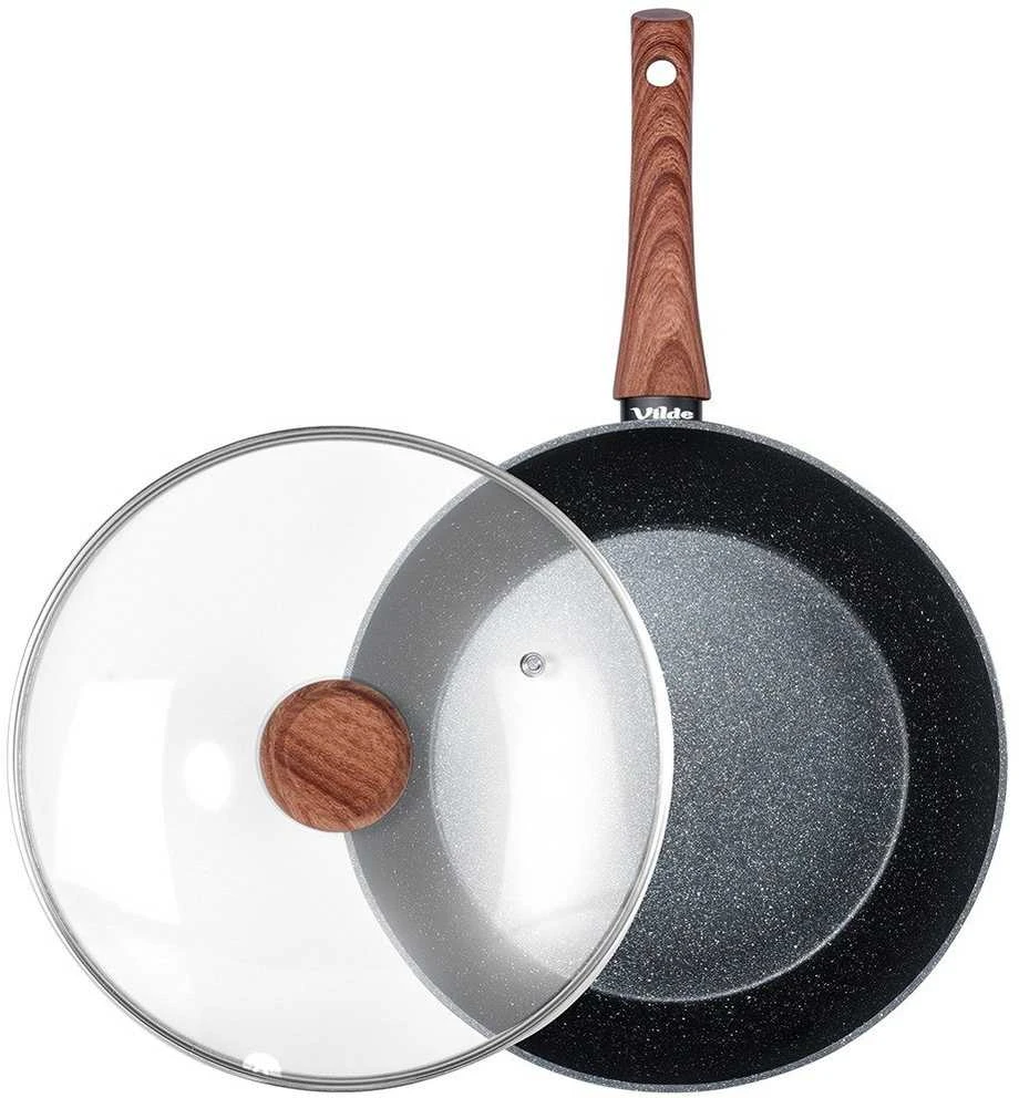Aliumininė keptuvė su granitine danga ir stiklo dangčiu Vilde Juodas&amp;Wood 28 cm, 3,5 l