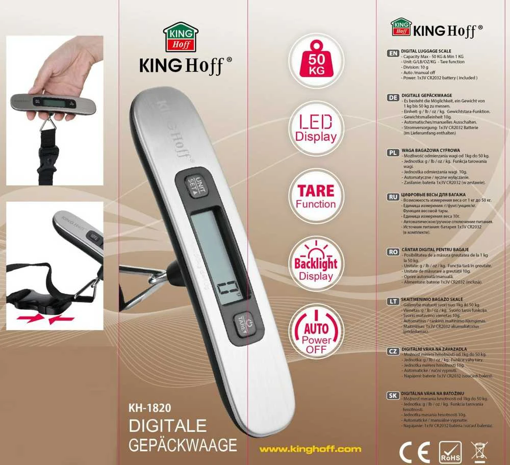 Virtuvinės svarstyklės King Hoff Svarstyklės „Kinghoff“ rankinio bagažo svarstyklės 1–50 kg