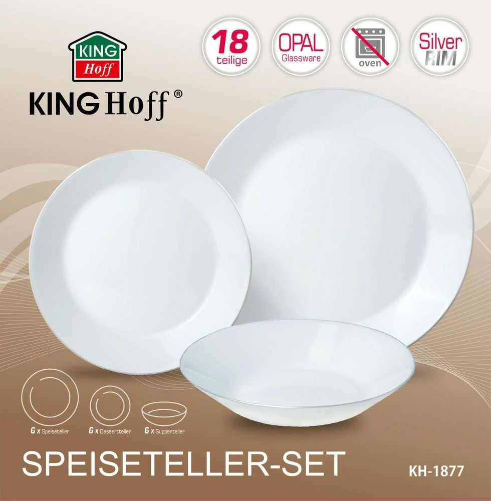 King Hoff Talerze Stiklinės lėkštės, 18 vnt. rinkinys (vakarienei, desertui, sriubai), opalas, baltos su sidabro dekoracijomis, kinghoff, kh-1877