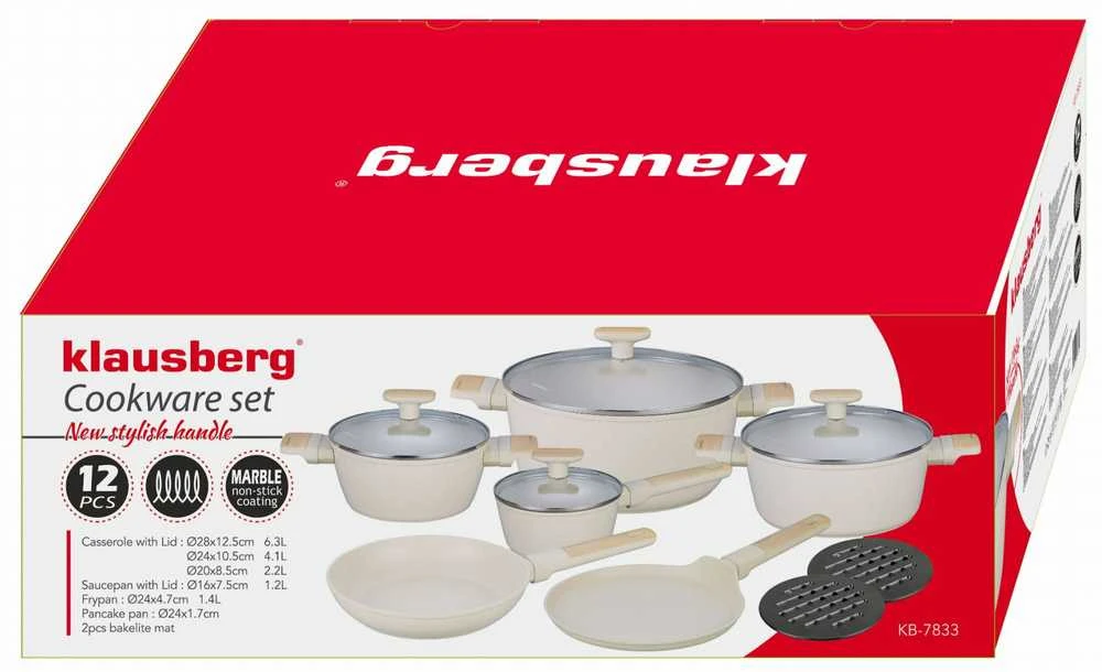 Puodai komplekte, 12 dalių, su nepridegančia danga, smėlio sp., klausberg, kb-7833