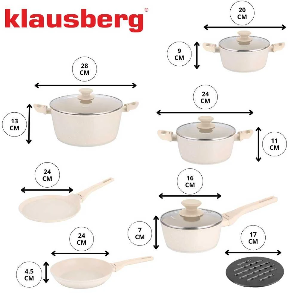 Rinkinys Virtuvės reikmenų rinkinys, 12 dalių, aliuminis su markizės danga, kreminės spalvos, Klausberg, kb-7884