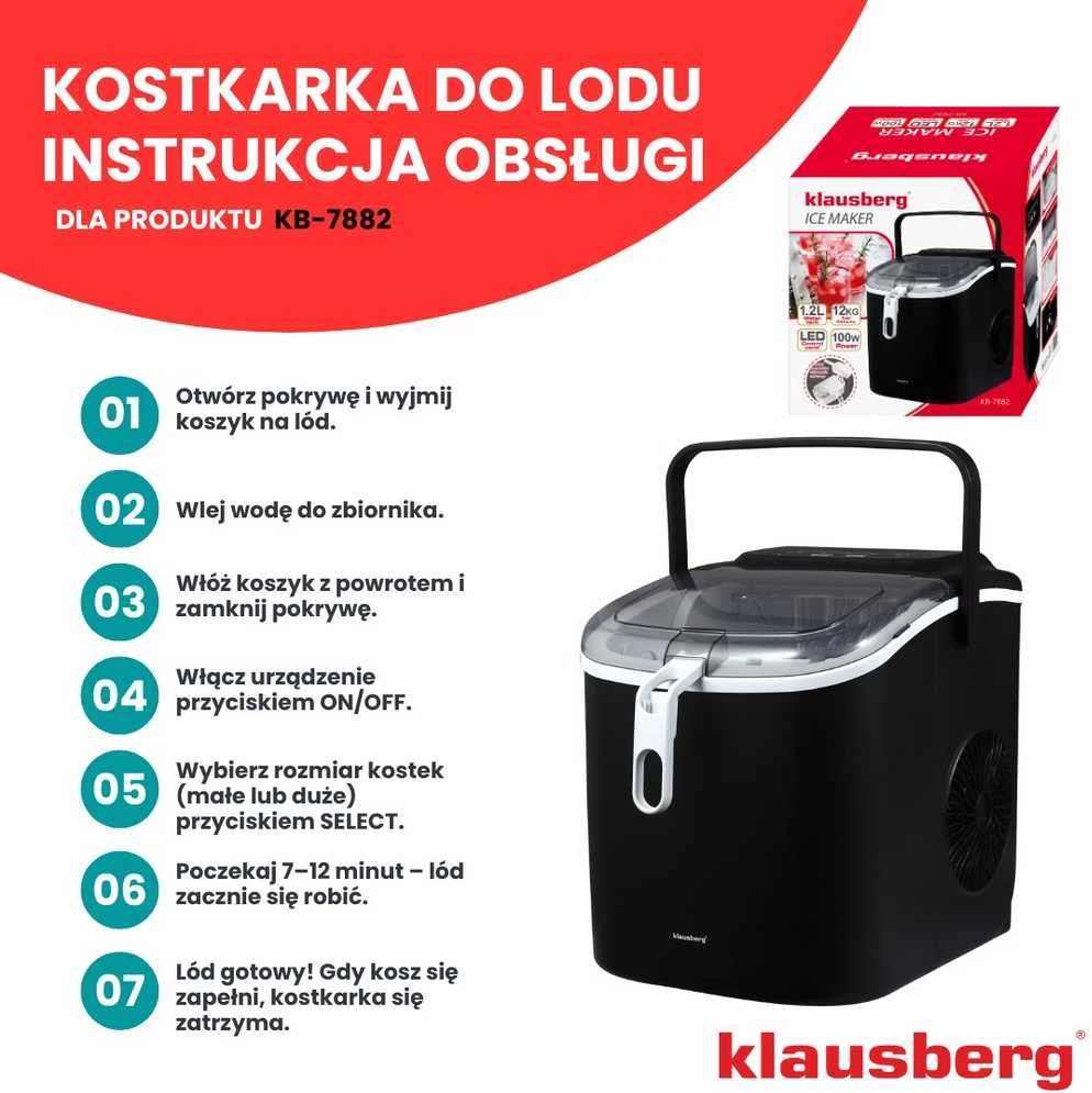 Kostkarka Automatinis ledo gaminimo aparatas, 100 W, LED skydelis, 1,2 l bakas, Klausberg, kb-7882