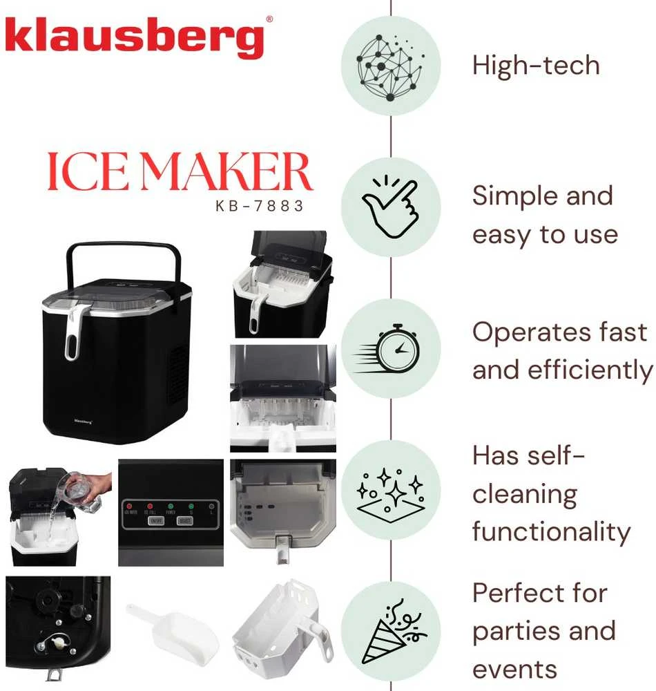 Kostkarka Automatinis ledo gaminimo aparatas, 100 W, 1,2 l bakas, LED skydelis, Klausberg, kb-7883