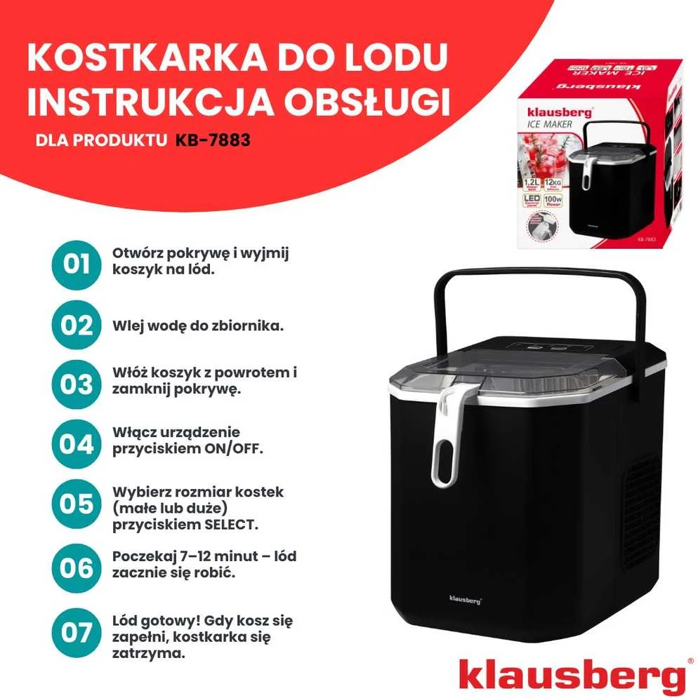 Kostkarka Automatinis ledo gaminimo aparatas, 100 W, 1,2 l bakas, LED skydelis, Klausberg, kb-7883