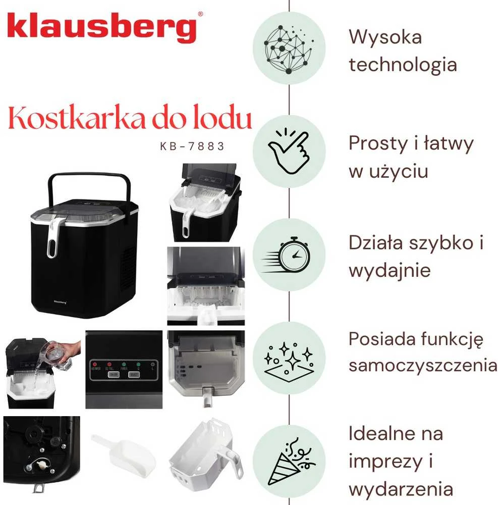 Kostkarka Automatinis ledo gaminimo aparatas, 100 W, 1,2 l bakas, LED skydelis, Klausberg, kb-7883