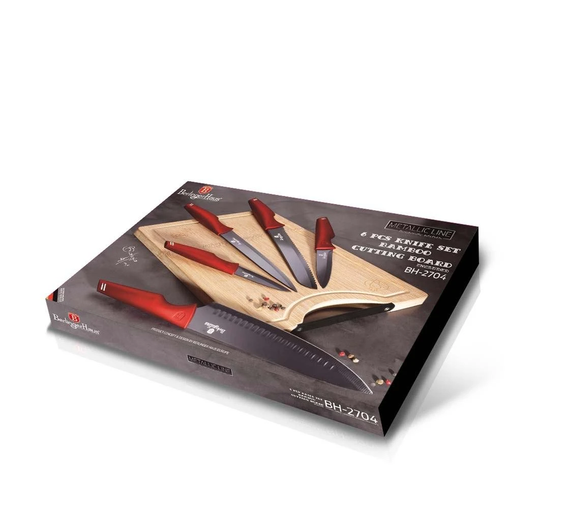 Peilių rinkinys su pjaustymo lentele, Berlinger Haus Metallic Line Burgundy Edition BH-2704